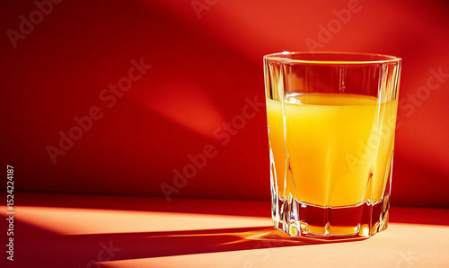A diagonal view of a yellow colour juice glass in a red colour background. Diagonal light.