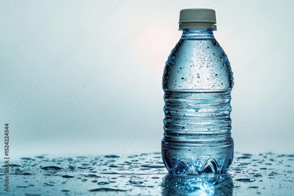 Clear Plastic Water Bottle With Dew Drops on Wet Surface Clear Plastic Water Bottle With Dew Drops on Wet Surface