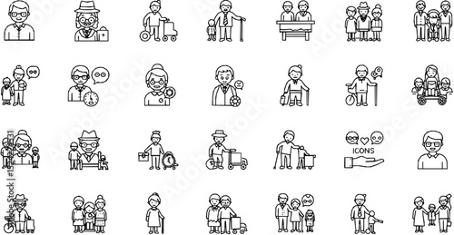 Set of 50 line icons related to senior, old, manager, experience, age, grandparents, cane, retirement, elderly, Editable stroke. Vector illustration
