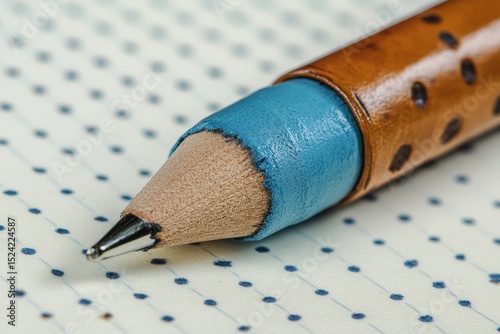 Close-up of a Unique Pencil with Blue Tip and Leather Holder