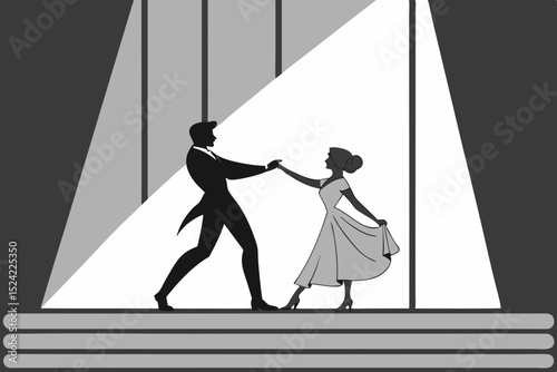 Elegant Dancing Couple Silhouette – Minimalist Black and White Romantic Ballroom Art

