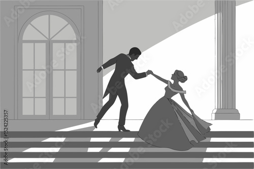 Elegant Dancing Couple Silhouette – Minimalist Black and White Romantic Ballroom Art


