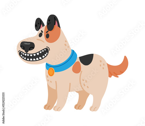 Happy cartoon dog standing proudly with a big smile, displaying its teeth, wearing a blue collar adorned with a shiny medal, set against a clean white background