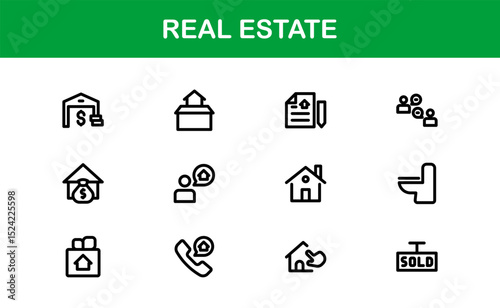 Modern Real Estate Icon Set in Vector Style Featuring Houses, Buildings, Property, and Landmarks