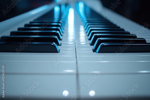 Close-Up View of Piano Keys with Soft Lighting and Reflection Effect
