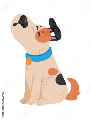Cartoon dog with light brown fur and some dark brown spots is wearing a blue collar with a golden medal, it s sitting and howling with closed eyes, raising its snout