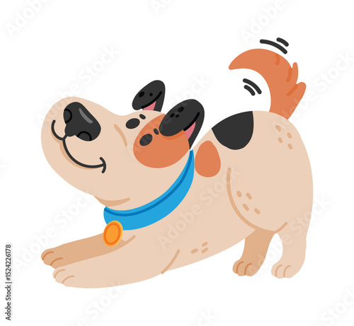 Cartoon dog wearing a blue collar and an orange tag, joyfully stretching its front legs and wagging its tail, radiating happiness and playfulness against a clean white background