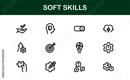 Soft Skills Icon Set Featuring Communication, Leadership, Teamwork, and Creativity Symbols in Clean Vector Style