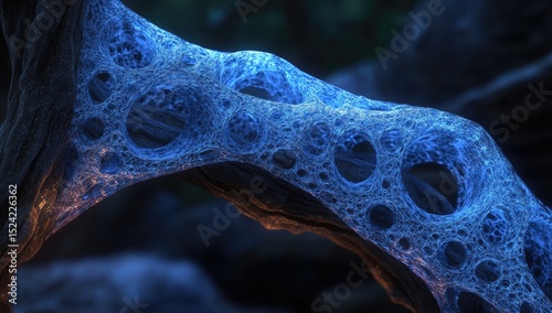 Close-up of a stylized, glowing, organic form.  A branching,  porous structure with a blue-toned interior, set against a dark, rocky backdrop