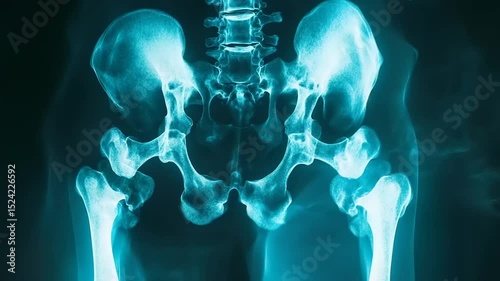 X-ray image showing a detailed view of human pelvic bones and hip joints, highlighting anatomy