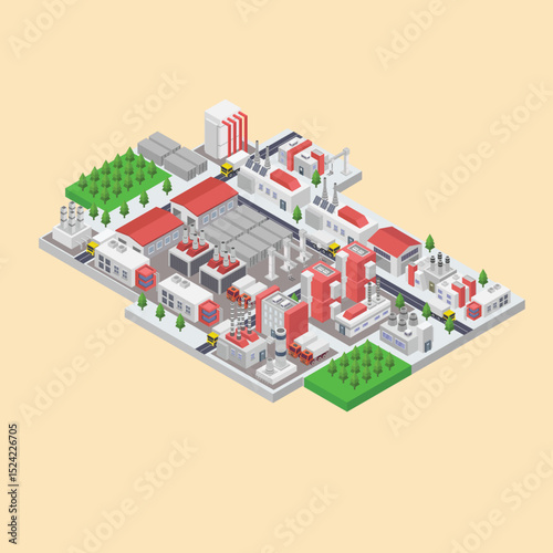 Isometric Illustration of Industrial Complex Factories, Warehouses, and Transportation Hub