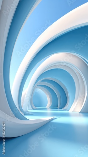Futuristic blue and white tunnel with fluid abstract curves, ideal for tech branding, innovation visuals, or editorial covers