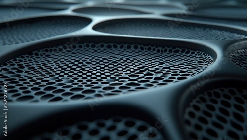 Close-up view of a dark, textured surface with interconnected, organic shapes and perforated patterns