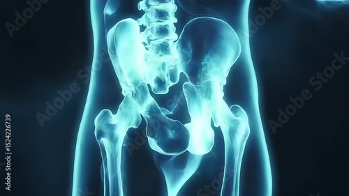 X-ray visualization of a human skeleton highlighting the pelvic area and spine, showcasing anatomy
