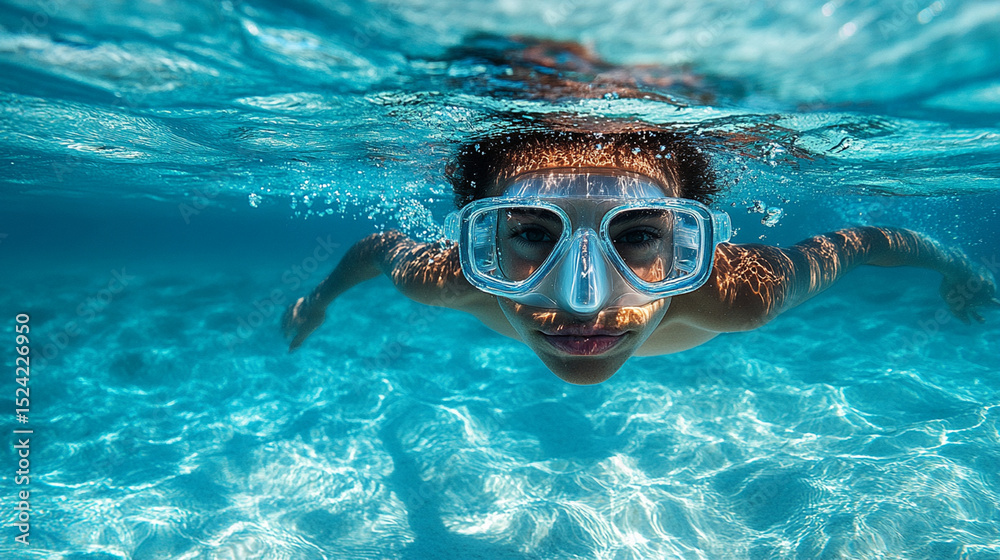 Naklejka premium Boy snorkeling in clear ocean water over sandy seabed