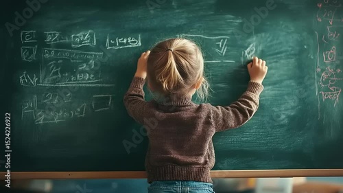 Young child writing on a chalkboard in a classroom, with drawings and notes in the background