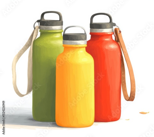 Three colorful reusable bottles in eco-friendly style, perfect for sustainability projects, product features, or lifestyle editorials