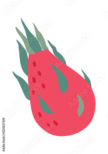 Vibrant pink dragon fruit with stylized green leaves, representing freshness and exotic flavors, ideal for healthy eating and tropical themes