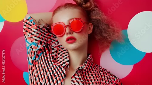 Young woman posing with vibrant sunglasses against a colorful polka dot background