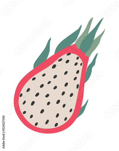 Half of a vibrant dragon fruit showcasing its white flesh, black seeds, and pink rind, along with its distinctive green leaves, offers a refreshing and exotic visual