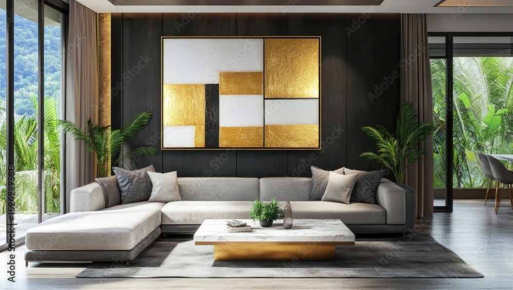 Fototapeta premium Modern living room with a large abstract art piece