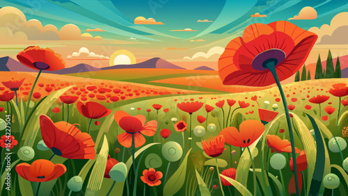 Colorful cartoon poppy flower field at sunset with rolling hills and dramatic sky in the background
