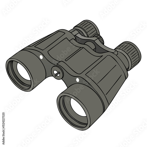 Illustration of gray binoculars with visible lenses and adjustment mechanisms shown on transparent background