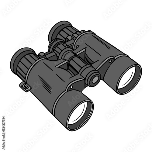 Illustration of a pair of black binoculars with detailed lens and adjustment knobs on transparent background