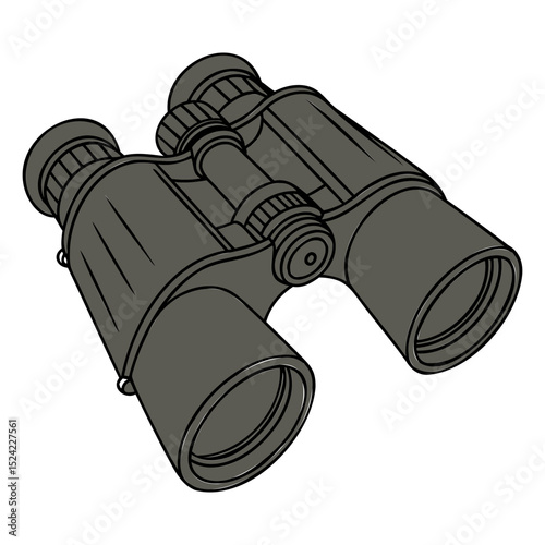 Illustration of a pair of binoculars with a central focusing knob and eyepieces on transparent background