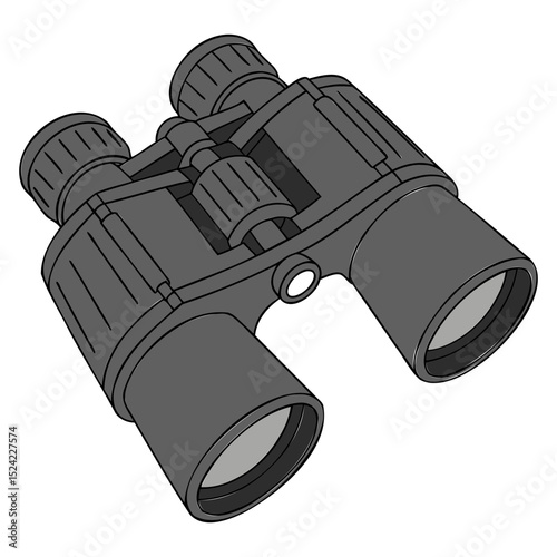 Illustration of a pair of gray binoculars with focus knobs and optical lenses on transparent background