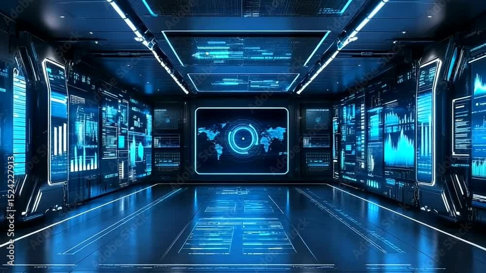 3 d rendering of a computer server room, with a glowing computer screen and a digital computer network.