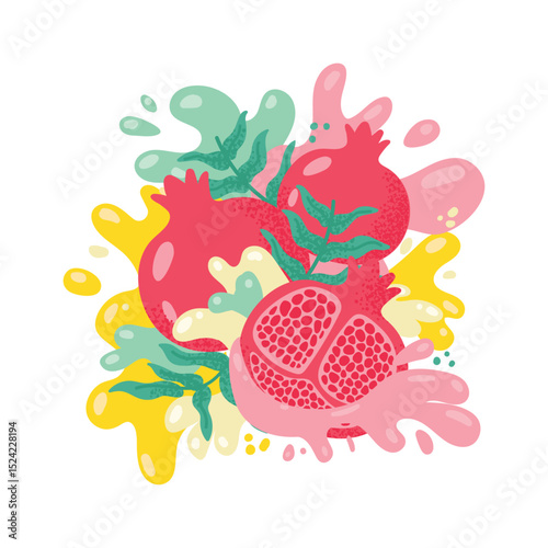 Ripe pomegranates splashing juice with colorful leaves, creating a vibrant and refreshing scene, perfect for promoting healthy eating and summer beverages