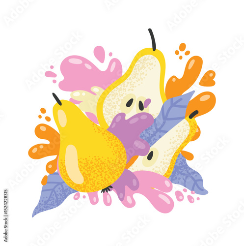 Whole and sliced pears creating a vibrant and juicy composition with colorful splashes and leaves, perfect for designs related to healthy eating, fruit juices, and fresh produce
