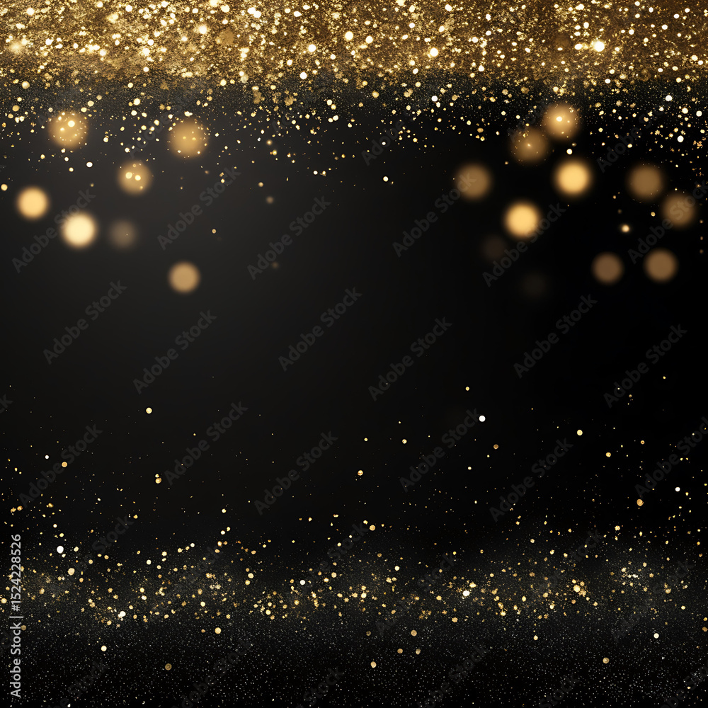 Obraz premium Elegant black background with sparkling gold glitter and bokeh lights, creating a festive and luxurious atmosphere.