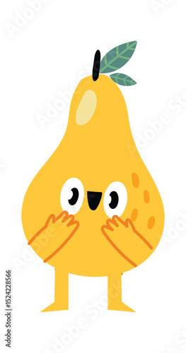 Surprised yellow pear cartoon character with big eyes, hands on face, and small legs is standing against a white background, creating a playful and expressive image