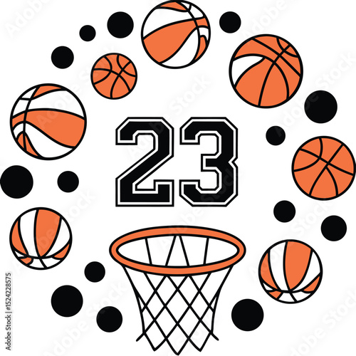 Graphic Number 23 with Basketballs, Net, Black Dots on White Background Design