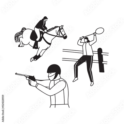 line art of modern pentathlon on the white background