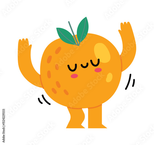 Cartoon orange fruit character waving and dancing happily with arms and legs. Enjoying life with a cheerful expression. Promoting healthy eating habits and adding a touch of fun to nutrition concepts
