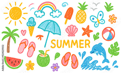 Cheerful summer vibe collection with hand drawn elements representing happy vacation and beach lifestyle