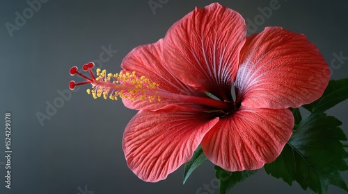 Close-up of rich red hibiscus with bold petals against soft white background.