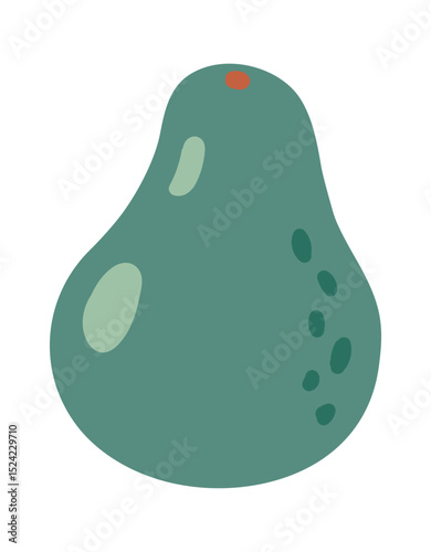 Minimalist vector illustration of a ripe avocado with green skin, subtle darker markings, and a small brown stem, isolated on a white background for healthy food concepts
