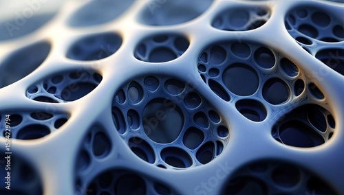 Abstract, patterned,  sculptural surface.  Dark-blue,  light-gray,  organic,  complex network of  interlocking,  circular holes