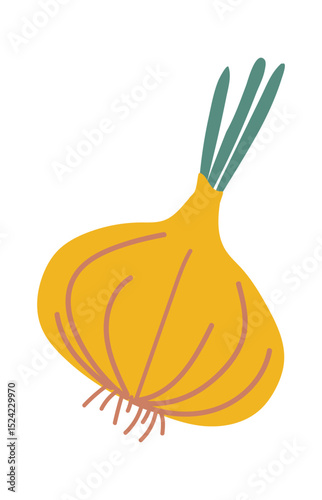Ripe yellow onion featuring vibrant green sprouts, isolated against a clean white background, representing a healthy organic vegetable and a versatile ingredient for cooking