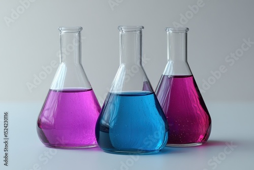 Colorful Laboratory Glass Flasks with Liquid Solutions on Table