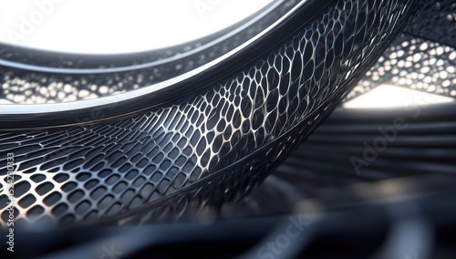 Abstract metal mesh spirals in a futuristic design