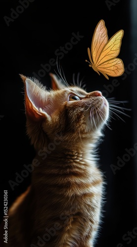 Fluffy ginger fairy cat jumping toward glowing butterfly, magical moment perfect for fantasy books, children’s stories, or editorial content