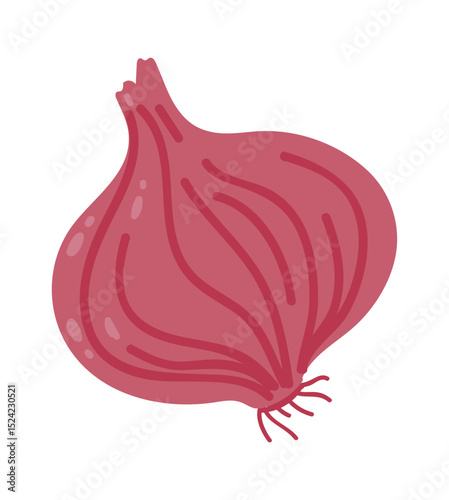 Cartoon illustration of a red onion with visible texture and roots, isolated on a white background, representing healthy eating and fresh ingredients for cooking