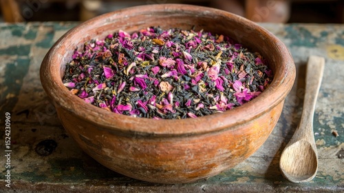 Aromatic tea blend in rustic bowl