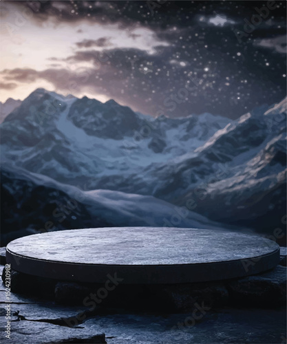 Wood Table Round with Green Tea Fields and Blue Sky Background - Circular Timber Table on Blurry Nature Tea Landscape Background - Front Round Wood Table with Tea Farm View – Blurred Effect