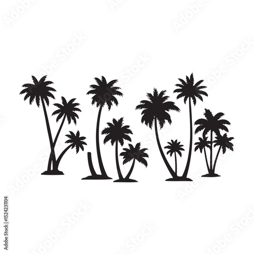 Set of black palm tree silhouettes isolated on white background. Vector illustration.